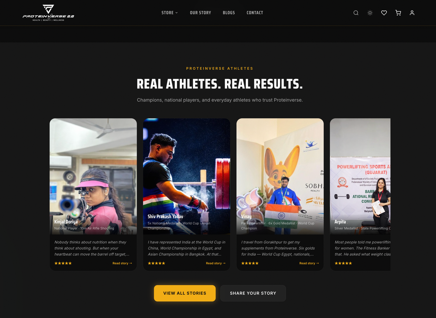 Real Athletes Real Results section featuring national champions who use Proteinverse