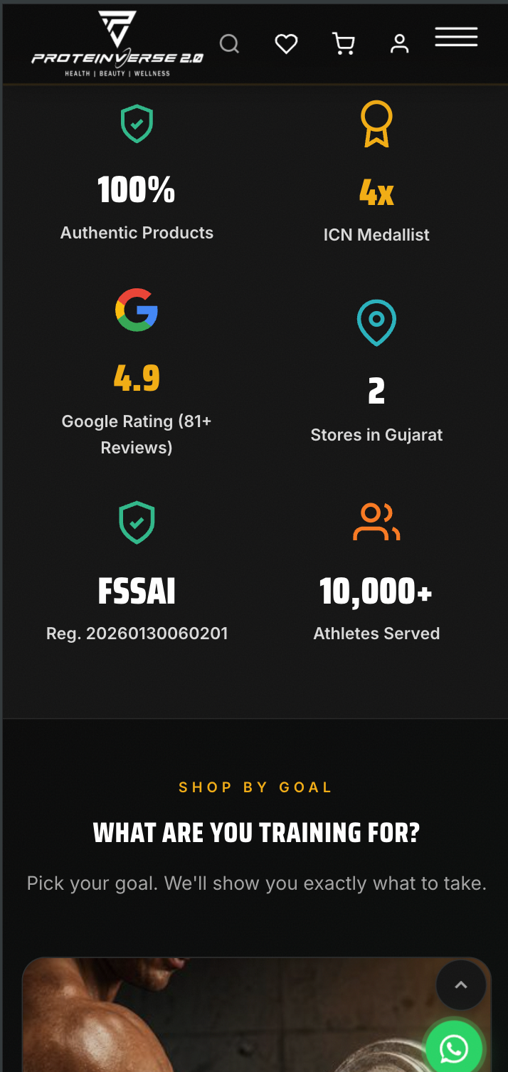 Proteinverse mobile trust bar and shop-by-goal intro