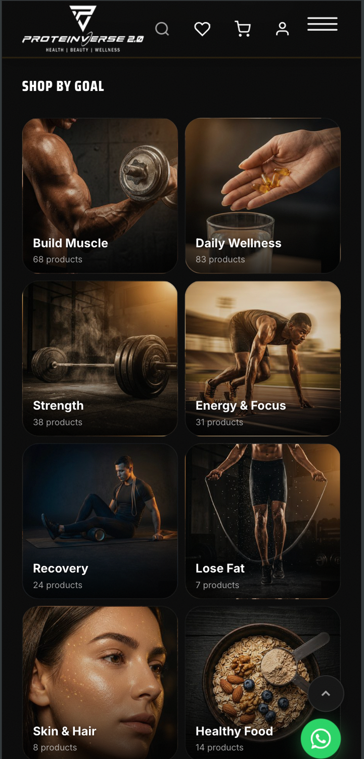 Proteinverse mobile shop-by-goal grid