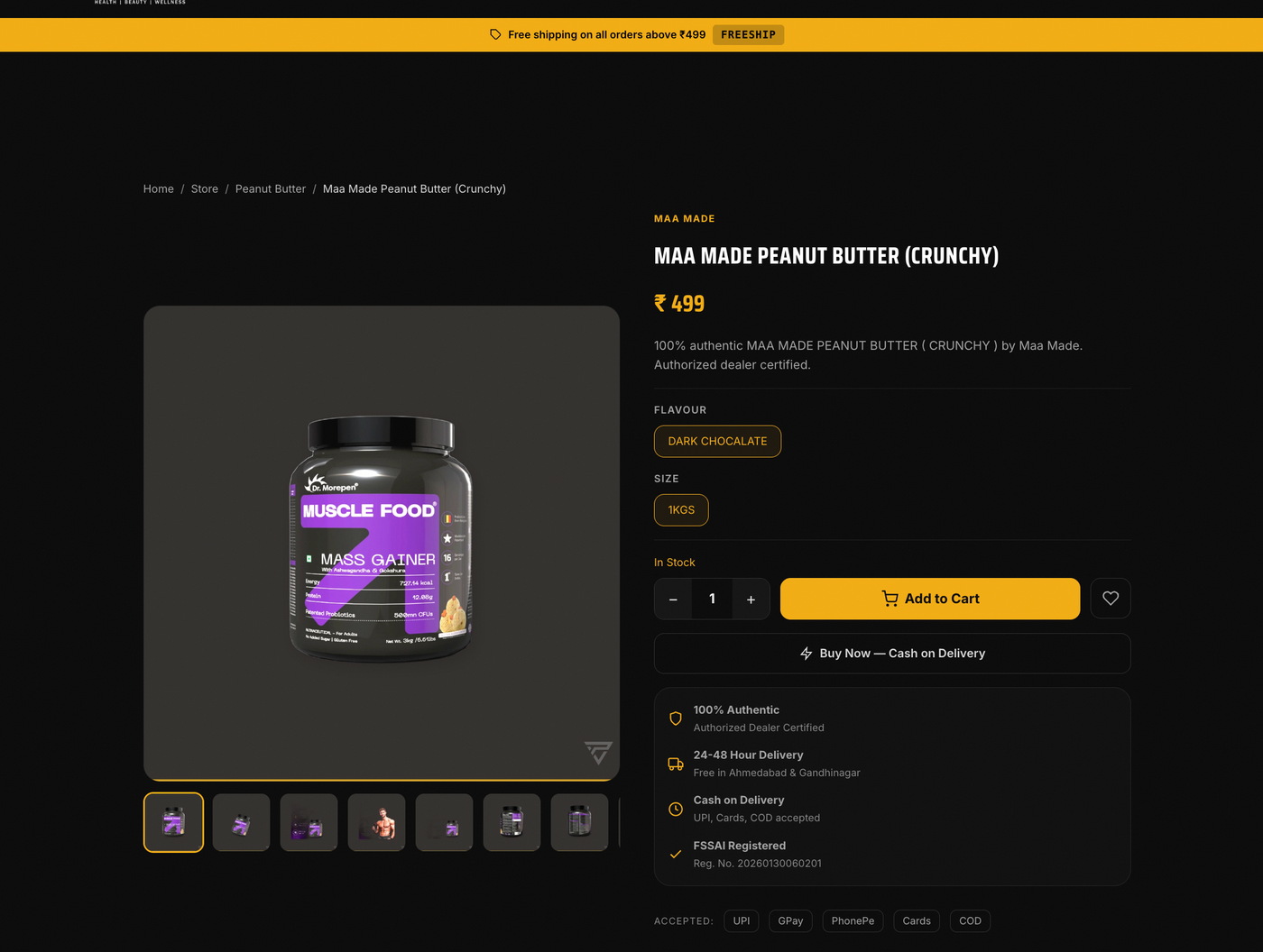 Maa Made Peanut Butter product page with pricing, flavour variants, COD and FSSAI badges
