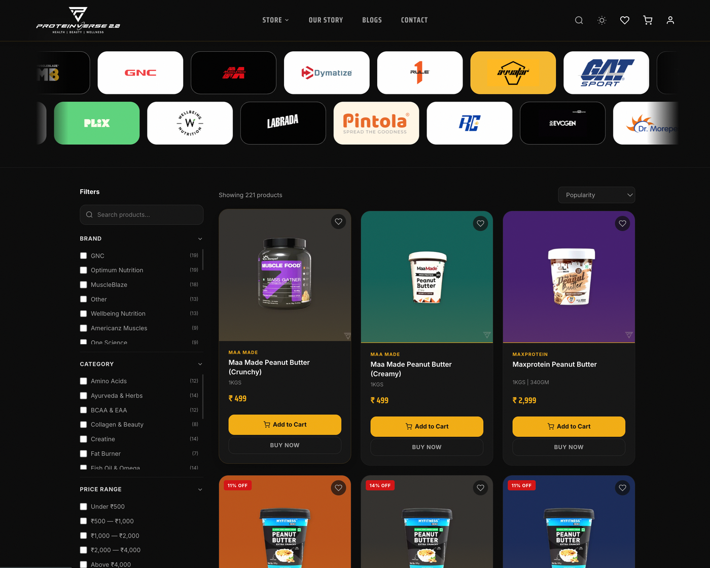 Proteinverse storefront with brand filter and product catalogue