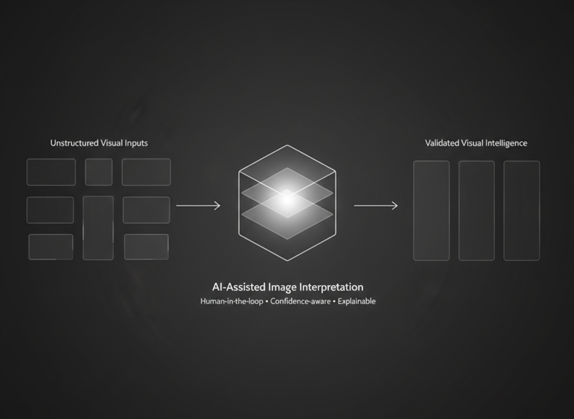 AI system architecture showing unstructured visual inputs processed through AI-assisted image interpretation into validated visual intelligence