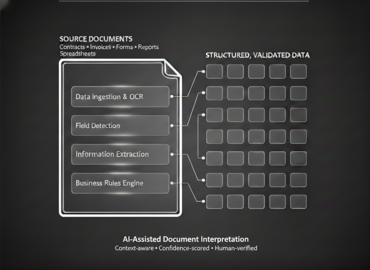 Document AI system architecture showing source documents processed through OCR, extraction, and validation into structured data
