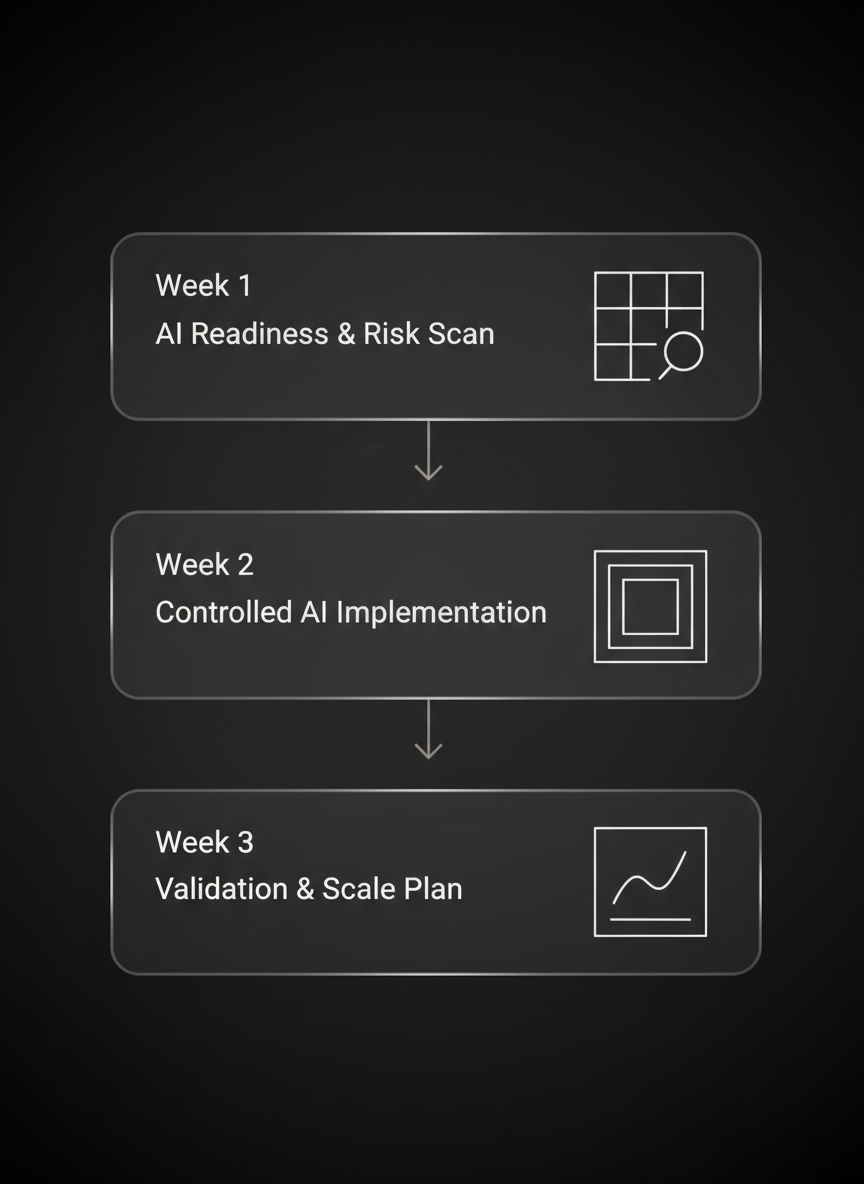 Visual diagram showing KORIX’s three-phase AI adoption pilot, including AI readiness and risk scan, controlled AI implementation, and validation with scale planning.