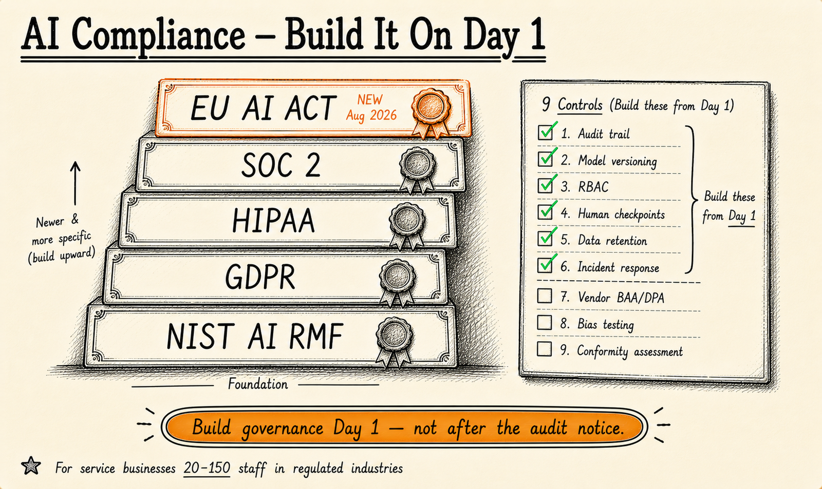 Hand-drawn editorial illustration of an AI compliance checklist covering SOC 2, HIPAA, GDPR and more
