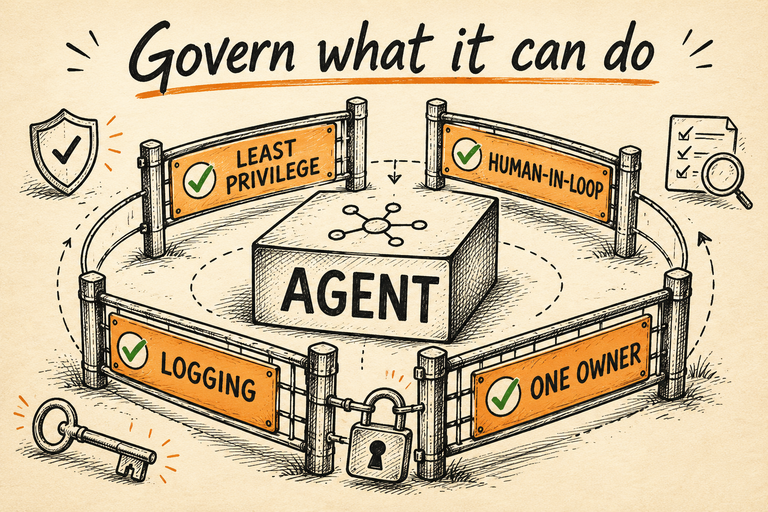 Hand-drawn diagram of an AI agent contained by four governance controls: least privilege, human-in-the-loop, logging, and one owner