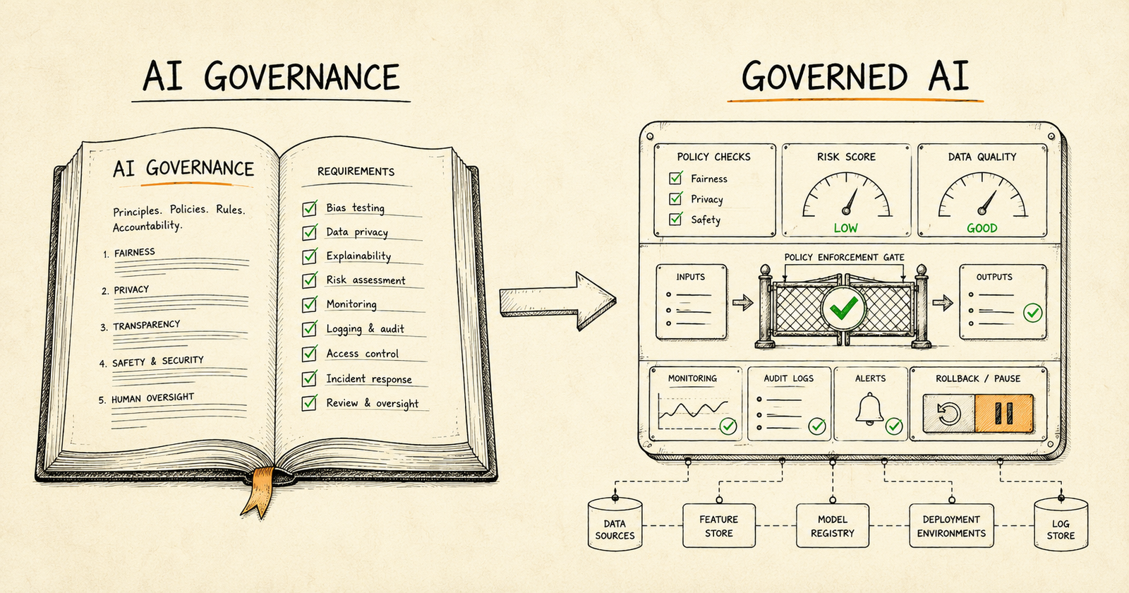 Hand-drawn editorial diagram contrasting AI governance, an open rulebook of policies, with governed AI, a live system enforcing those rules through a policy gate, monitoring and rollback controls.