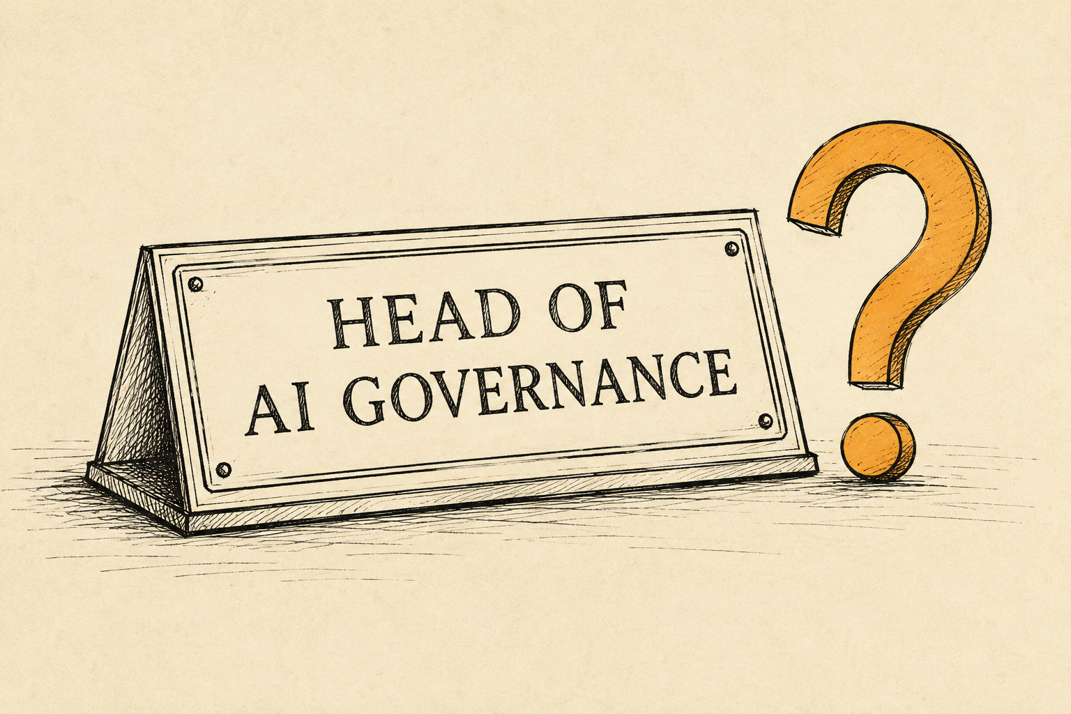 Ink-on-parchment editorial illustration of a desk nameplate engraved Head of AI Governance beside a large amber question mark, asking whether a company needs the role