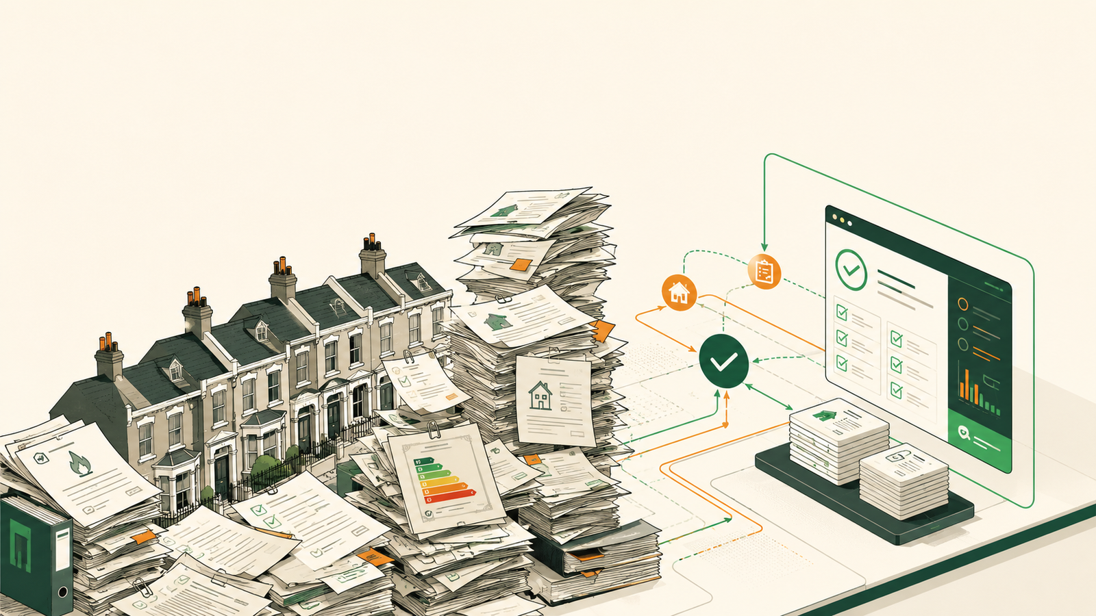A UK letting agent's compliance paperwork (EPC, gas safety, electrical, Right to Rent, deposit) flowing into a governed-AI dashboard that tracks every statutory deadline.