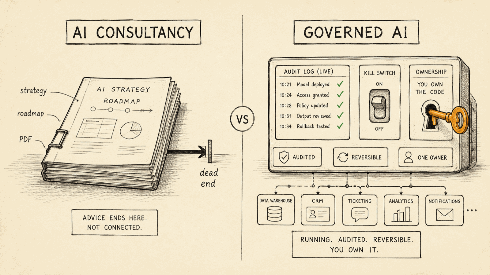 Hand-drawn diagram contrasting a static AI consultancy strategy deck that dead-ends against a governed AI control panel with a live audit log, kill switch, and an amber ownership key