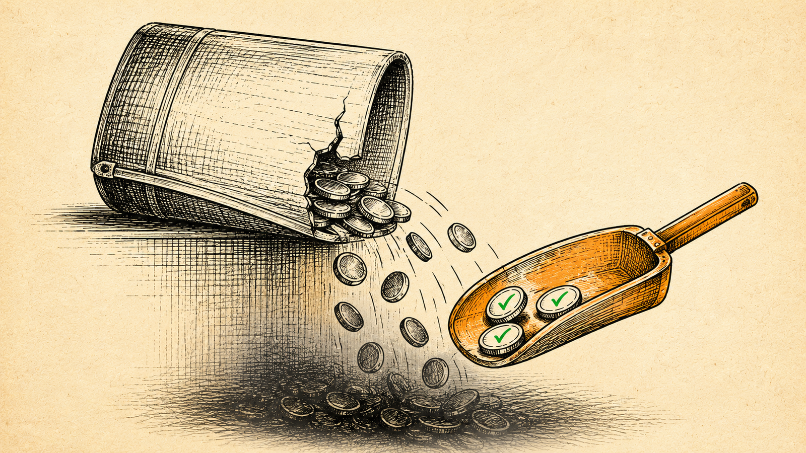 Ink illustration of coins spilling from a cracked pail into shadow while an amber scoop catches a few back, each marked with a green tick — insurance renewal leakage and the governed fix