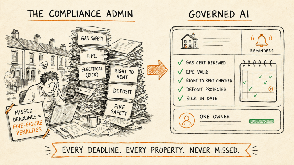A UK letting agent buried under gas-safety, EPC, electrical, Right to Rent and deposit compliance paperwork, with a governed-AI system tracking every statutory deadline.