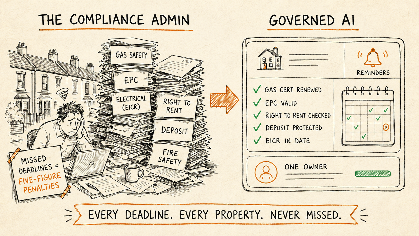 A UK letting agent buried under gas-safety, EPC, electrical, Right to Rent and deposit compliance paperwork, with a governed-AI system tracking every statutory deadline.