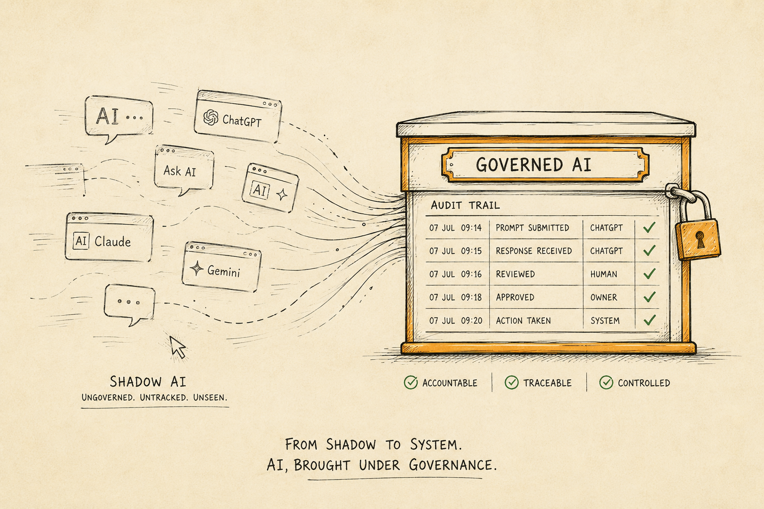 Ink-on-parchment illustration of scattered ungoverned AI tools flowing into a single audited, logged Governed AI system with an audit trail, padlock and green checkmarks — shadow AI made governable.